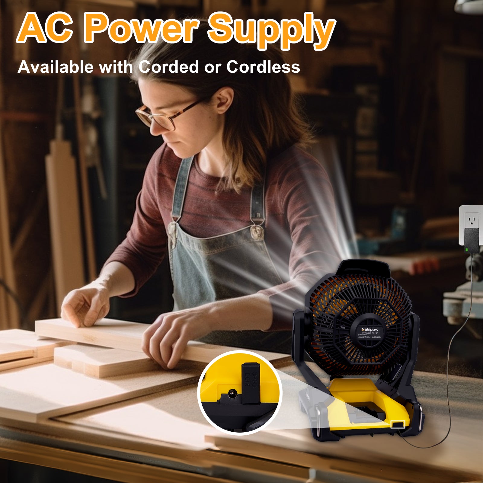 MekiPow Cordless Jobsite Fan, Compatible with Dewalt 20V Battery for Outdoor, Camping, Workshops, Office, RV (Battery Not Included)
