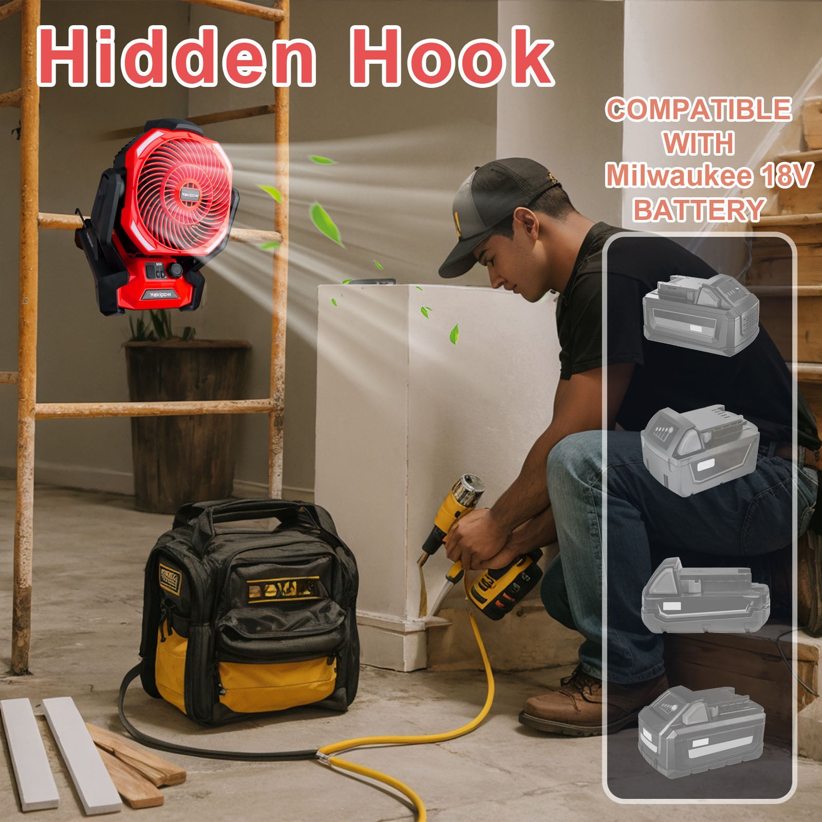 MekiPow Cordless Jobsite Fan, Compatible with Milwaukee 18V Battery for Outdoor, Camping, Workshops, Office, RV (Battery Not Included)