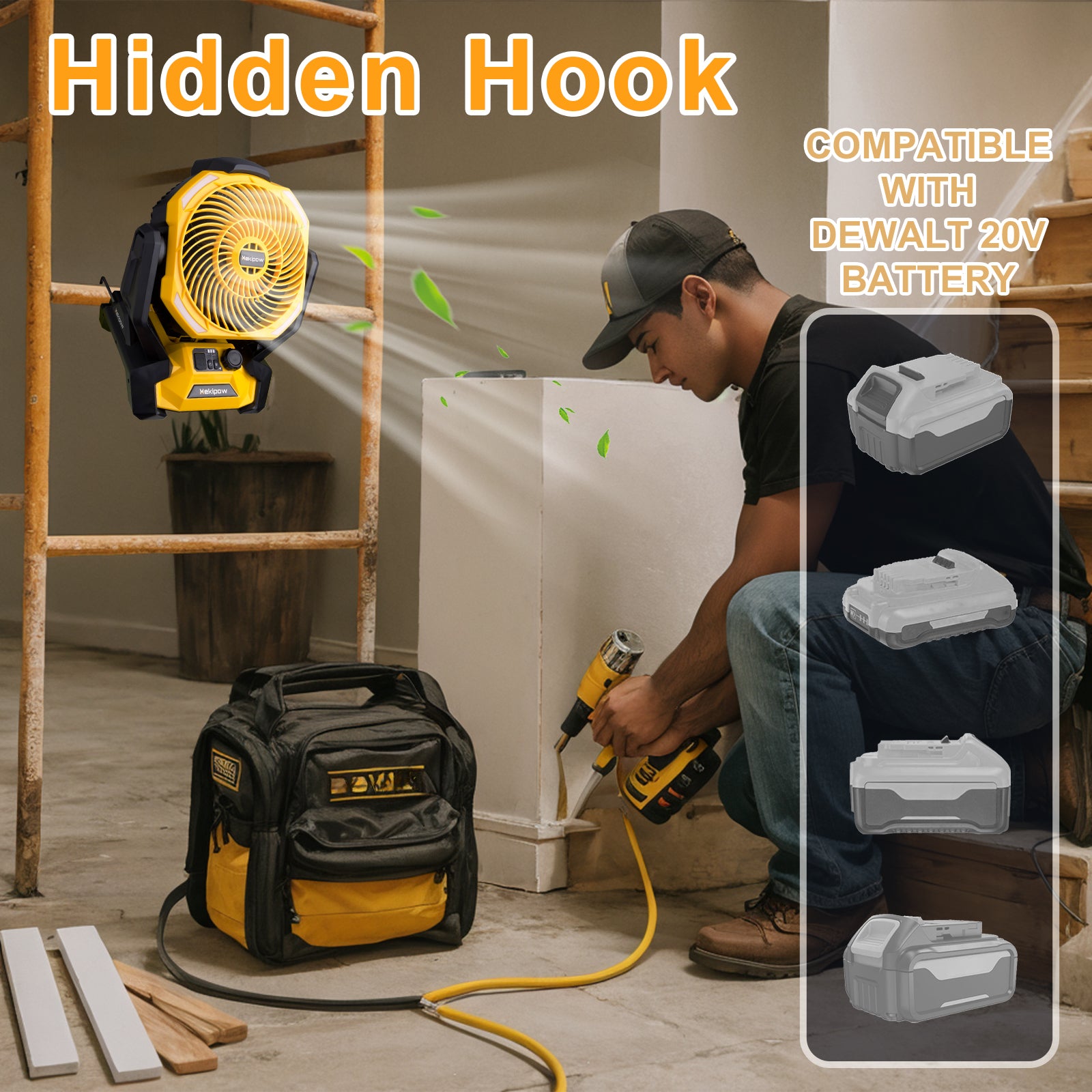 MekiPow Cordless Jobsite Fan, Compatible with Dewalt 20V Battery for Outdoor, Camping, Workshops, Office, RV (Battery Not Included)