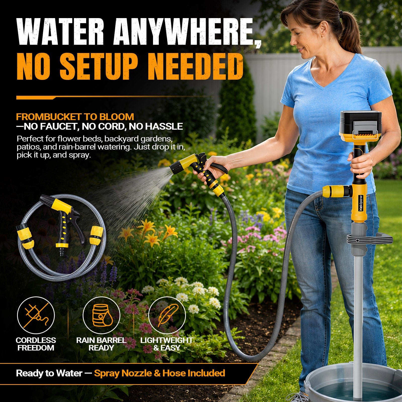 MekiPow Cordless Stick Water Transfer Pump Compatible with DeWalt 20V Battery, 780 GPH Portable Battery Powered Sump Pump For Pool, Garden, Pond (Tool Only)
