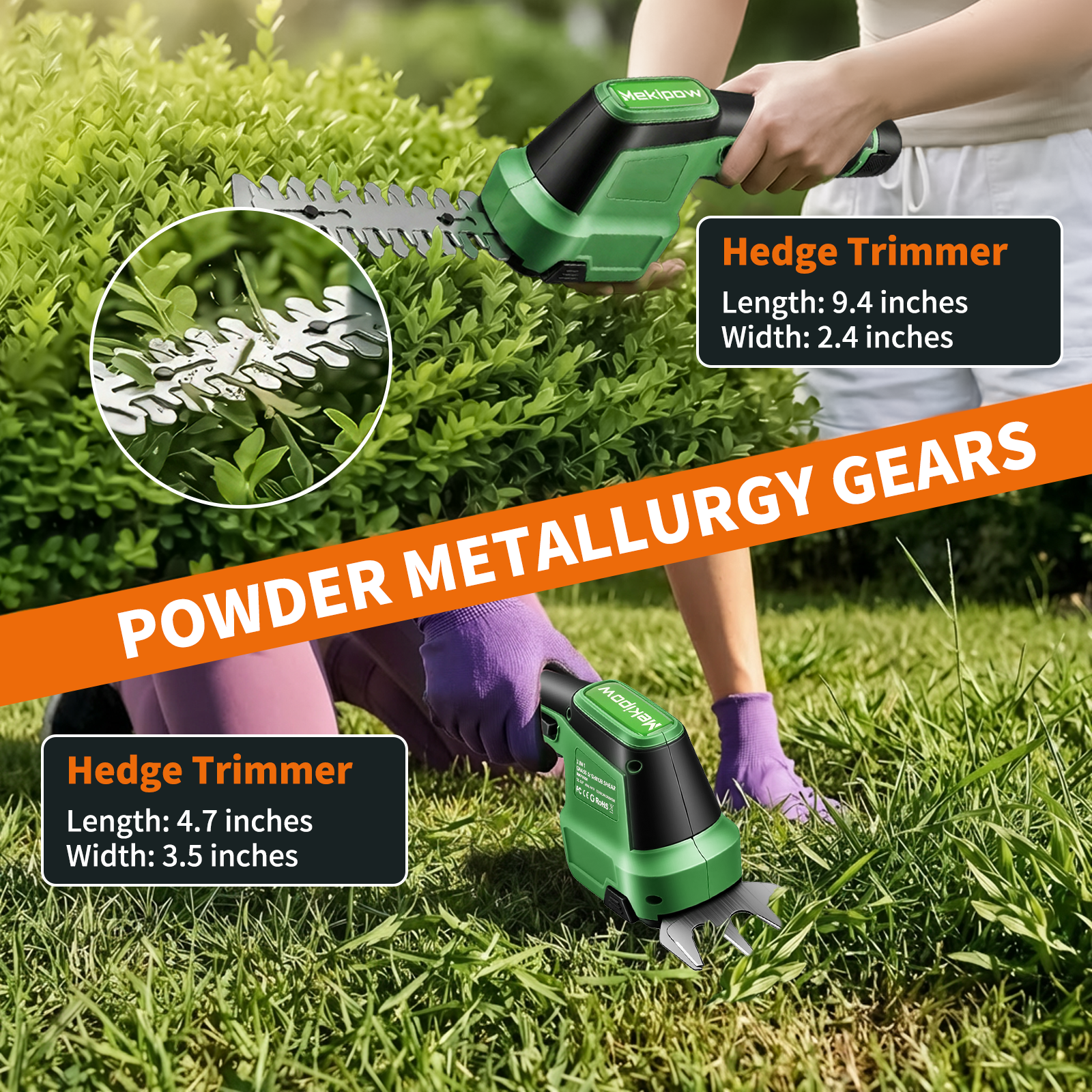 MekiPow Cordless Handheld Grass Trimmer and Mini Hedge Trimmer Kit, 2-in-1 Electric Hedge Trimmer 4.7" Grass Cutter Combo with Brushless Motor, Ultra Long Battery Life with Battery*2 Charger*1