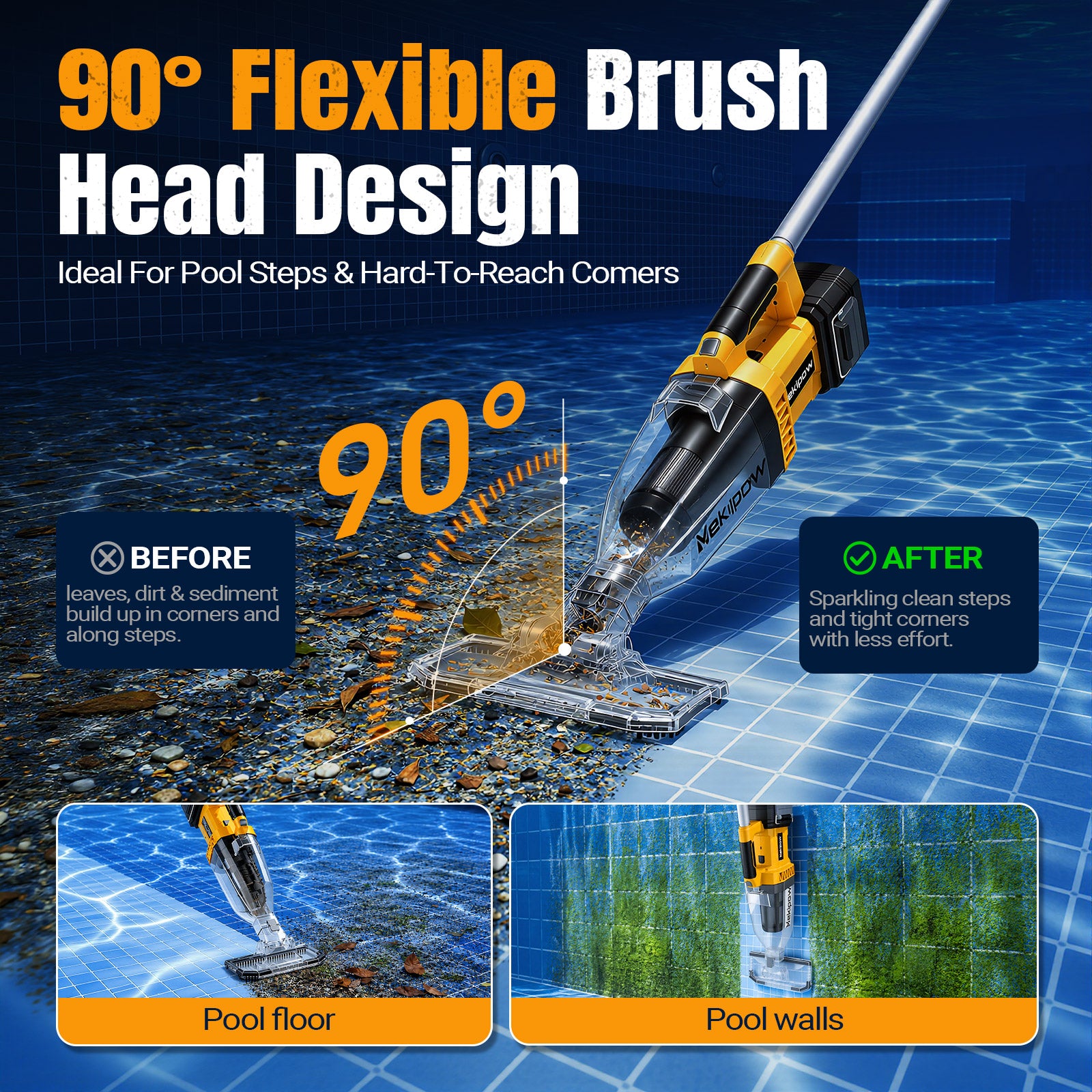 Cordless Handheld Pool Vacuum for Above Ground Pool Compatible for Dewalt 20V Battery, Swimming Leaf Vacuum Cleaner with Suction 18.5 GPM ｜7.5Ft ft Max Reach Ideal for Leaves & Debris (No Battery)