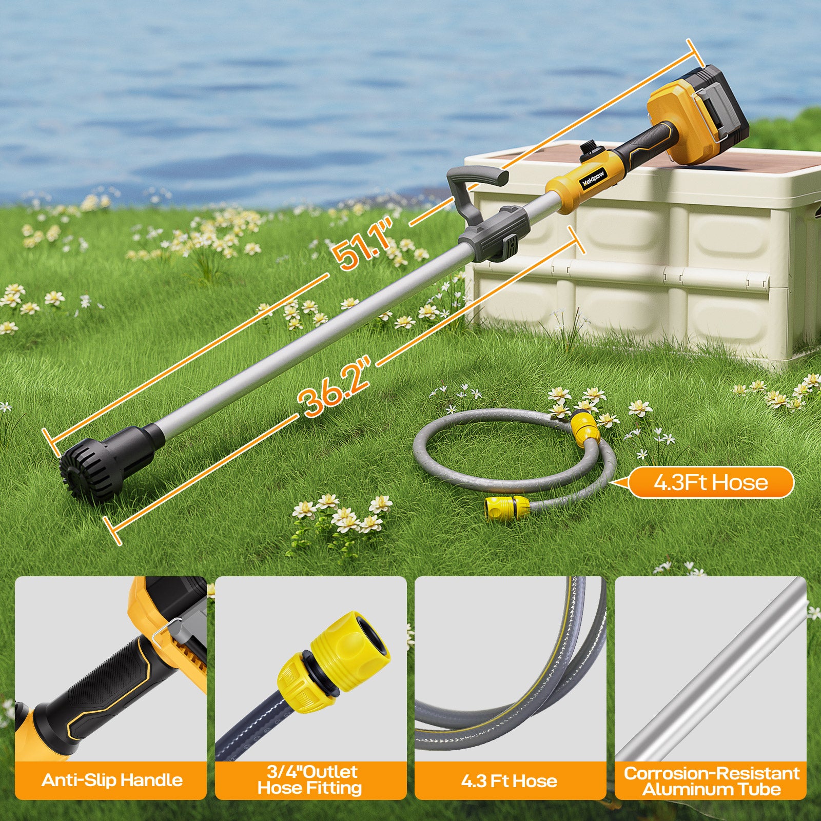 MekiPow Cordless Stick Water Transfer Pump Compatible with DeWalt 20V Battery, 780 GPH Portable Battery Powered Sump Pump For Pool, Garden, Pond (Tool Only)