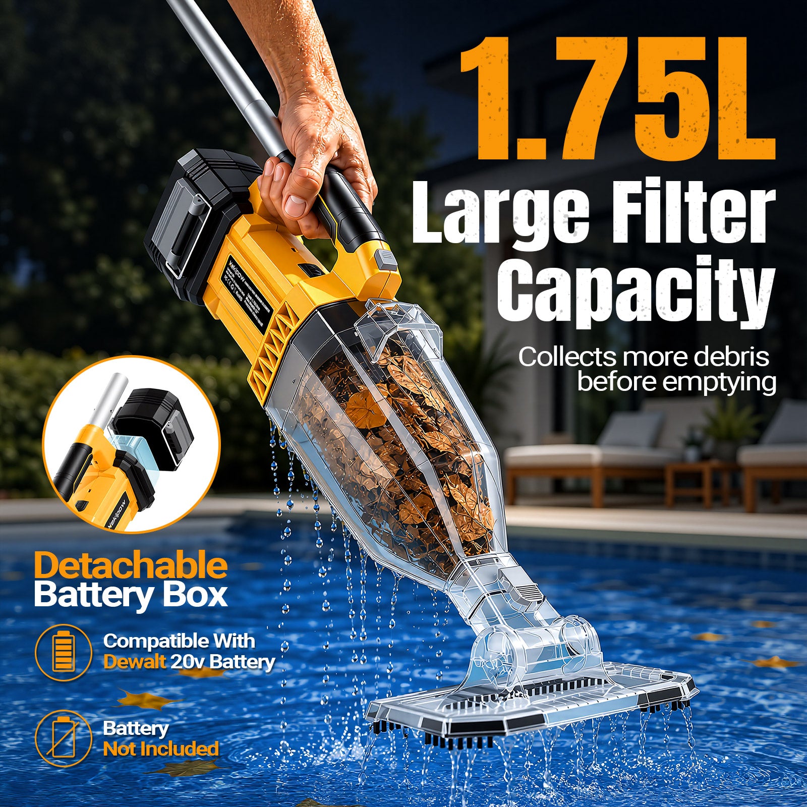 Cordless Handheld Pool Vacuum for Above Ground Pool Compatible for Dewalt 20V Battery, Swimming Leaf Vacuum Cleaner with Suction 18.5 GPM ｜7.5Ft ft Max Reach Ideal for Leaves & Debris (No Battery)