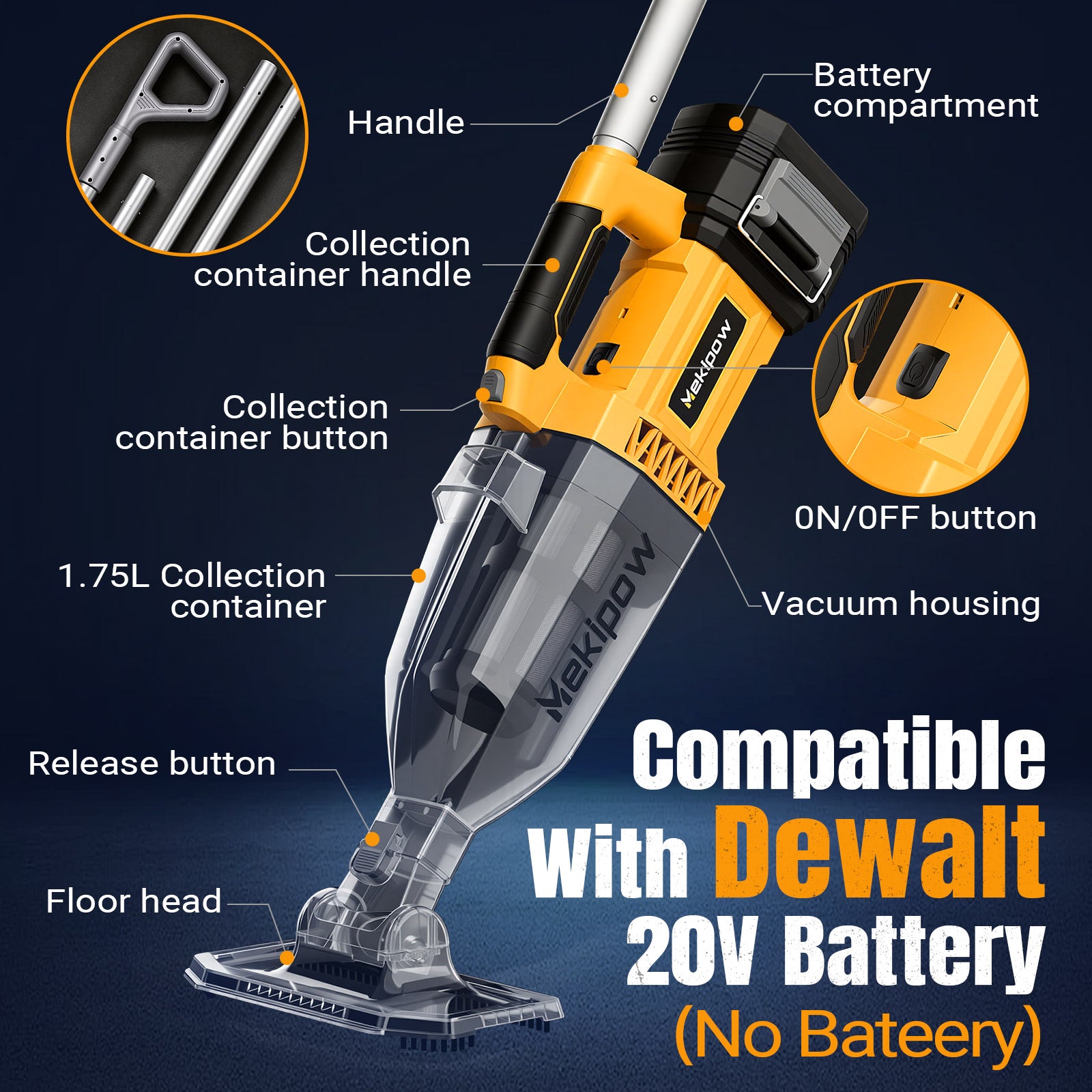 Cordless Handheld Pool Vacuum for Above Ground Pool Compatible for Dewalt 20V Battery, Swimming Leaf Vacuum Cleaner with Suction 18.5 GPM ｜7.5Ft ft Max Reach Ideal for Leaves & Debris (No Battery)